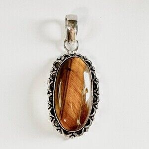 TIGER’S Eye Genuine Stone Pendant 925 Sterling Silver Plated